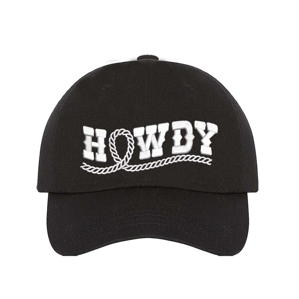 Black Western-style &quot;Howdy With Rope&quot; Embroidered Baseball Hat with detailed stitching, curved brim, and adjustable hook and loop closure for a perfect fit – DSY Lifestyle