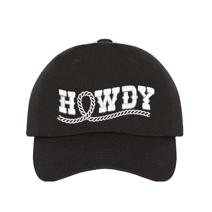 Black Western-style &quot;Howdy With Rope&quot; Embroidered Baseball Hat with detailed stitching, curved brim, and adjustable hook and loop closure for a perfect fit – DSY Lifestyle