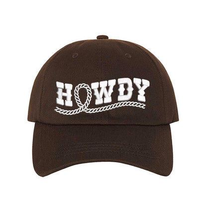 Brown Western-style &quot;Howdy With Rope&quot; Embroidered Baseball Hat with detailed stitching, curved brim, and adjustable hook and loop closure for a perfect fit – DSY Lifestyle