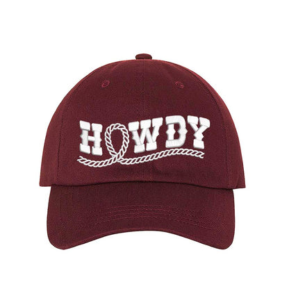 Burgundy Western-style &quot;Howdy With Rope&quot; Embroidered Baseball Hat with detailed stitching, curved brim, and adjustable hook and loop closure for a perfect fit – DSY Lifestyle