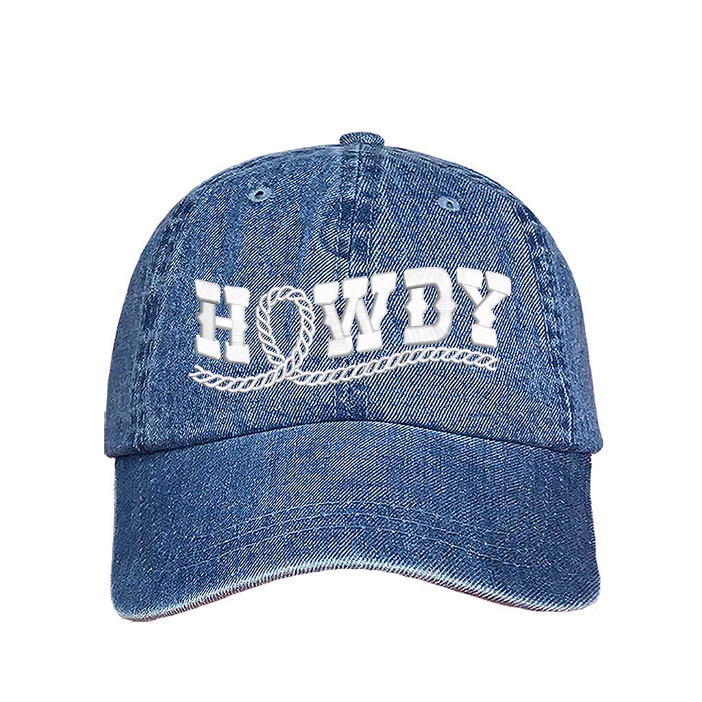 Light Denim Western-style &quot;Howdy With Rope&quot; Embroidered Baseball Hat with detailed stitching, curved brim, and adjustable hook and loop closure for a perfect fit – DSY Lifestyle
