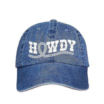 Light Denim Western-style &quot;Howdy With Rope&quot; Embroidered Baseball Hat with detailed stitching, curved brim, and adjustable hook and loop closure for a perfect fit – DSY Lifestyle