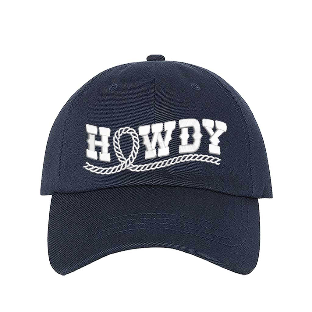 Navy Blue Western-style &quot;Howdy With Rope&quot; Embroidered Baseball Hat with detailed stitching, curved brim, and adjustable hook and loop closure for a perfect fit – DSY Lifestyle