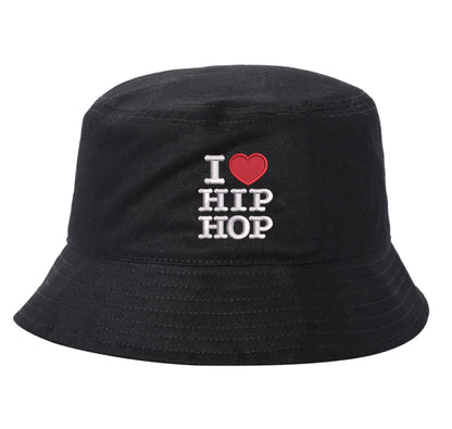 Black bucket hat embroidered with the phrase i love hip hop- DSY Lifestyle