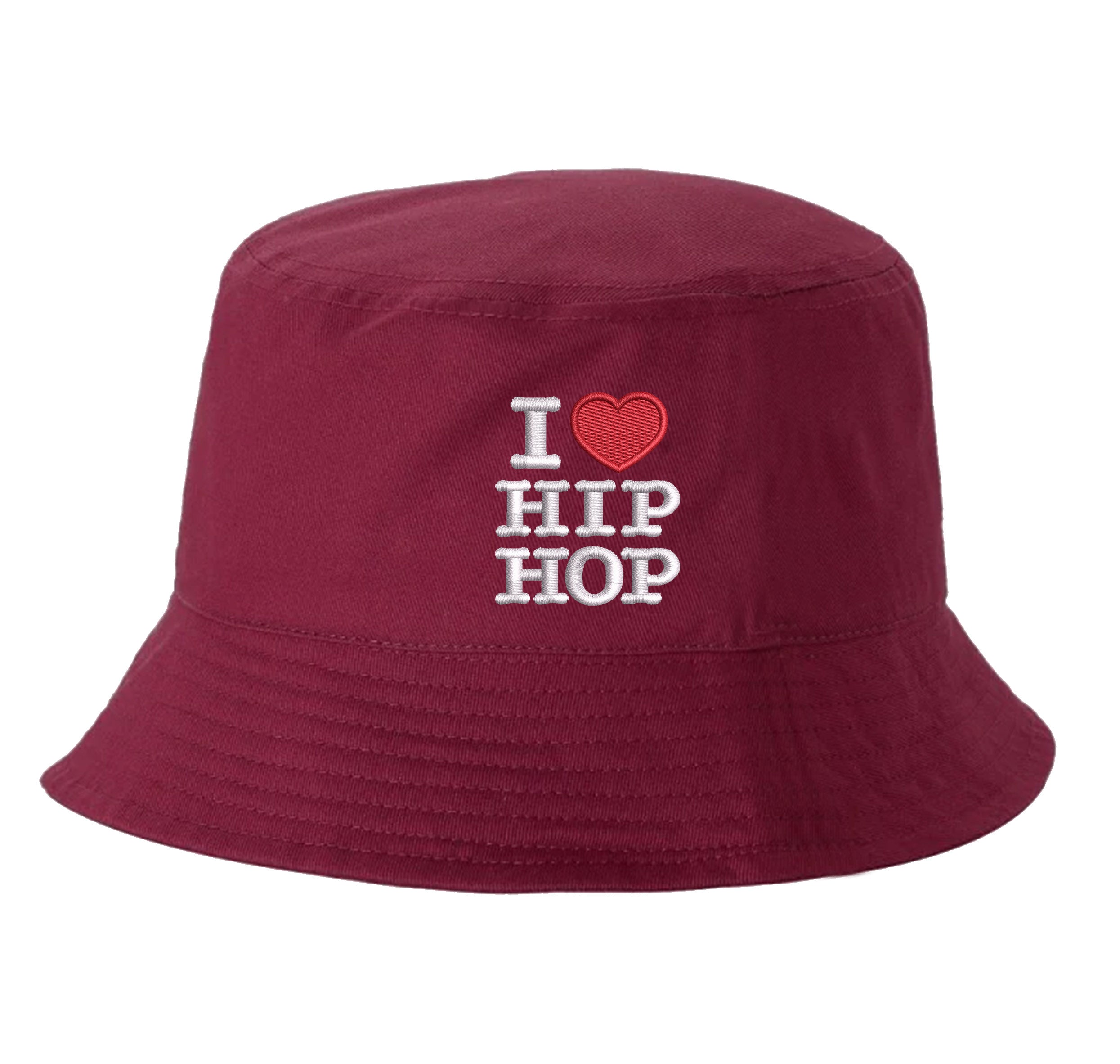 Burgundy bucket hat embroidered with the phrase i love hip hop- DSY Lifestyle