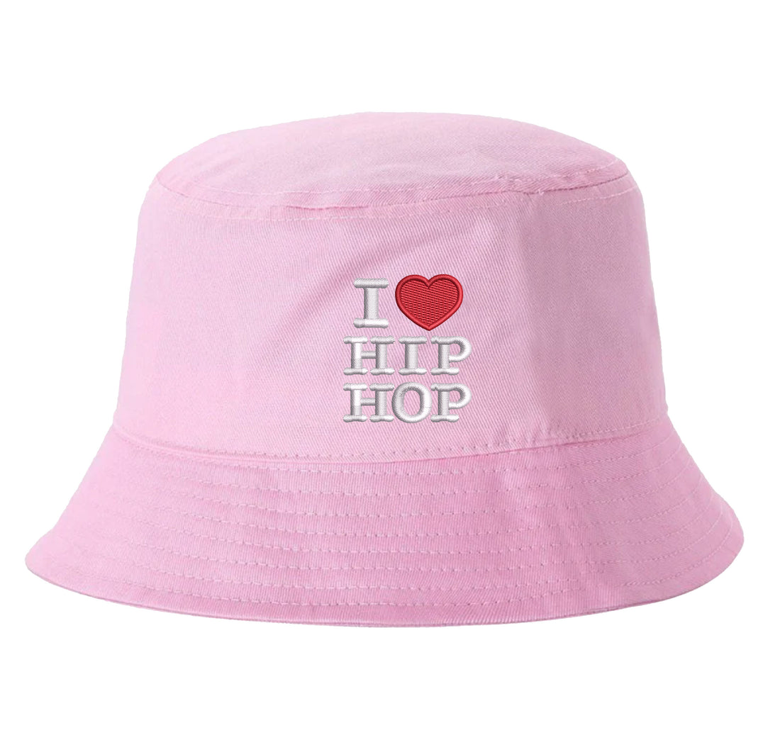 Light pink bucket hat embroidered with the phrase i love hip hop- DSY Lifestyle