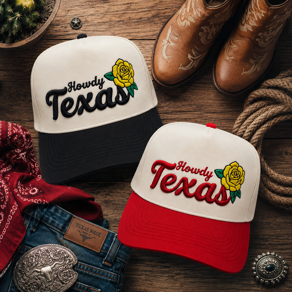 Howdy Texas Western two-tone trucker hat with yellow rose embroidery