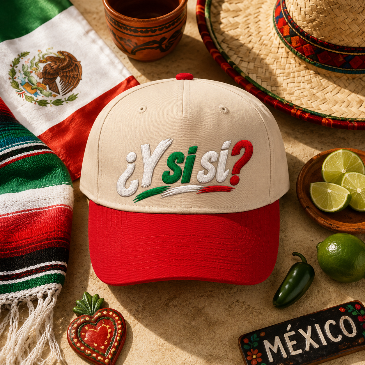 ¿Y Si Sí? Two-Tone Embroidered Mexico Hat – Mexican Flag Tricolor Baseball Cap | Fútbol Game Day Statement Hat for Women