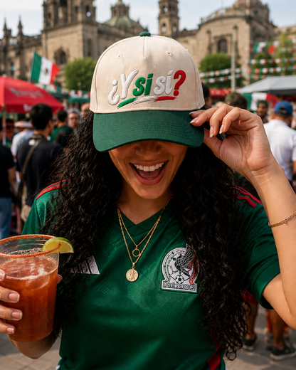 ¿Y Si Sí? Two-Tone Embroidered Mexico Hat – Mexican Flag Tricolor Baseball Cap | Fútbol Game Day Statement Hat for Women