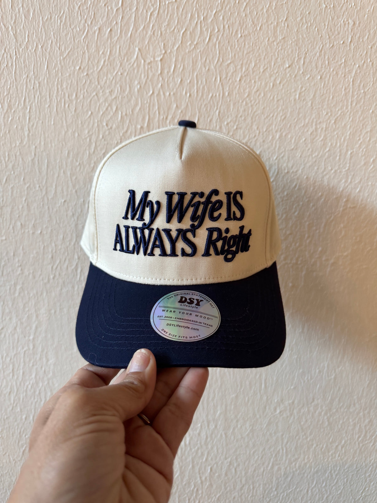 My Wife Is Always Right embroidered two-tone trucker hat on a white background