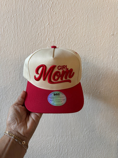 Girl Mom embroidered two-tone trucker hat on a white background