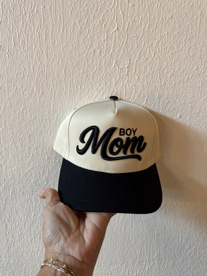 Boy Mom embroidered two-tone trucker hat on a white background