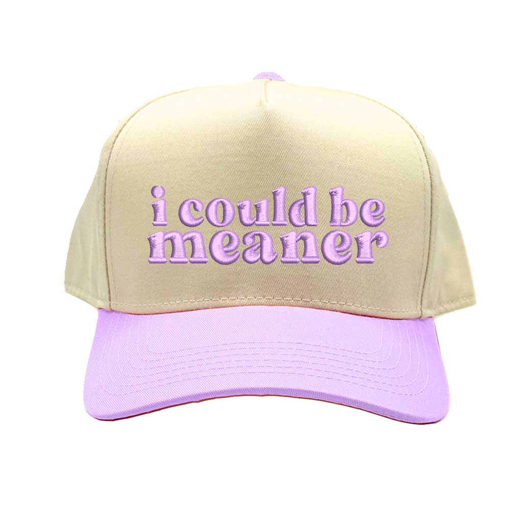 Natural Lavender I Could Be Meaner embroidered two-tone 5-panel baseball hat with curved brim and adjustable strap; a bold streetwear statement piece. DSY Lifestyle.