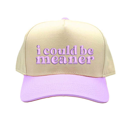 Natural Lavender I Could Be Meaner embroidered two-tone 5-panel baseball hat with curved brim and adjustable strap; a bold streetwear statement piece. DSY Lifestyle.