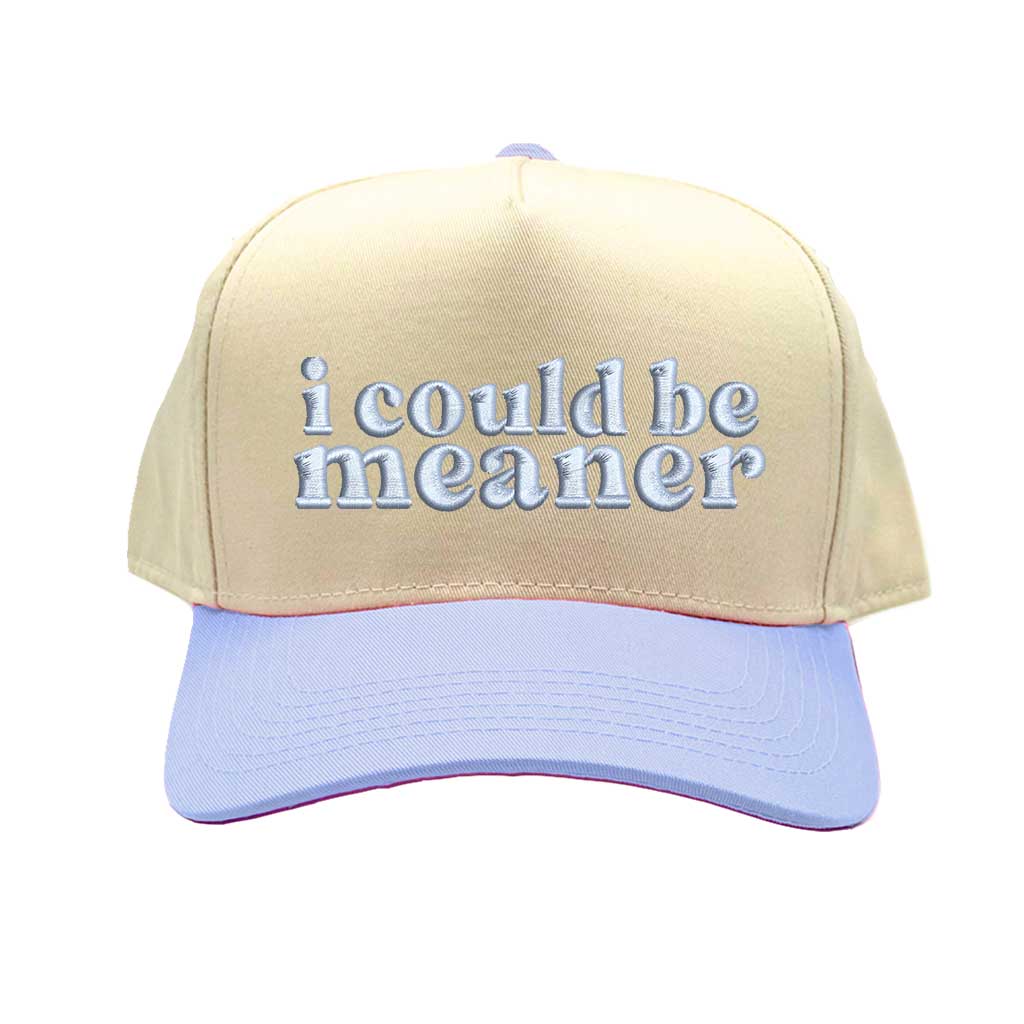 Natural Sky Blue I Could Be Meaner embroidered two-tone 5-panel baseball hat with curved brim and adjustable strap; a bold streetwear statement piece. DSY Lifestyle.