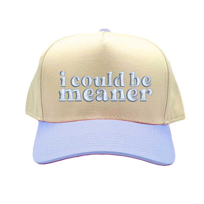 Natural Sky Blue I Could Be Meaner embroidered two-tone 5-panel baseball hat with curved brim and adjustable strap; a bold streetwear statement piece. DSY Lifestyle.