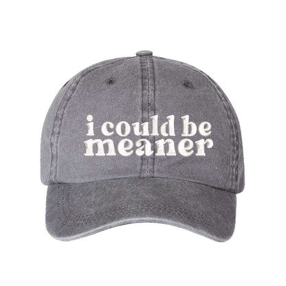 Gray DSY Lifestyle washed cotton baseball hat featuring the phrase I Could Be Meaner in bold, professional embroidery. - DSY Lifestyle