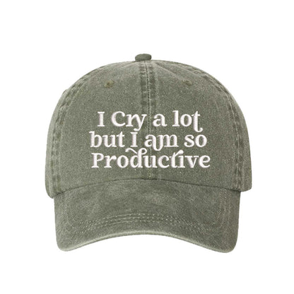 Olive I Cry A Lot But I Am So Productive washed cotton baseball hat with a soft, vintage finish and high-density embroidery by DSY Lifestyle. - DSY Lifestyle