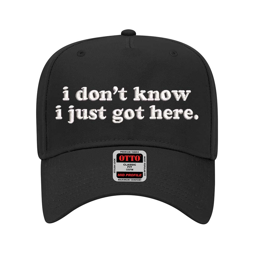 Black solid 5 panel baseball hat embroidered with the phrase i don&