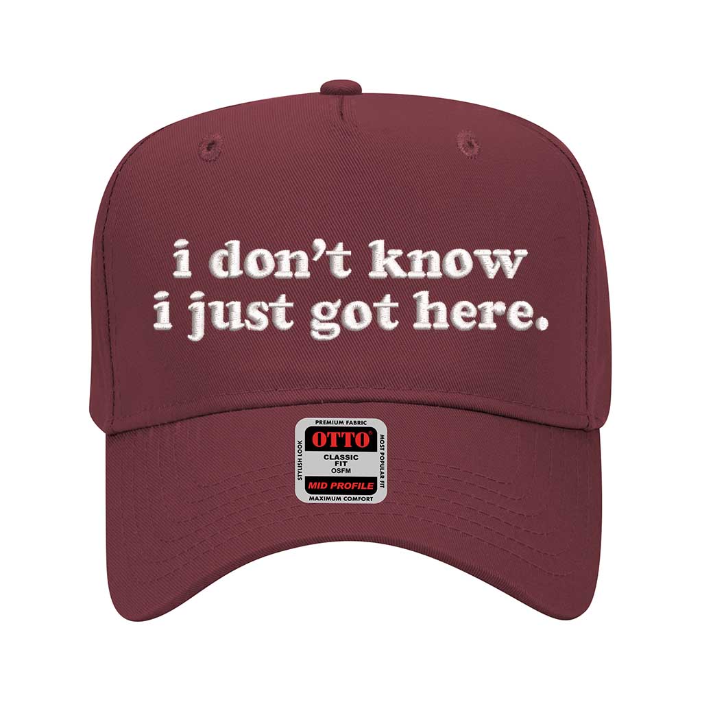 Burgundy solid 5 panel baseball hat embroidered with the phrase i don&