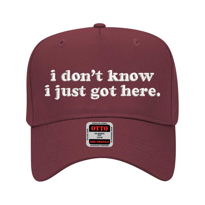 Burgundy solid 5 panel baseball hat embroidered with the phrase i don&