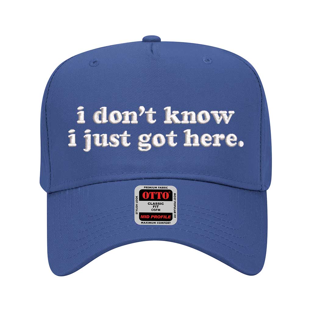 Royal blue solid 5 panel baseball hat embroidered with the phrase i don&