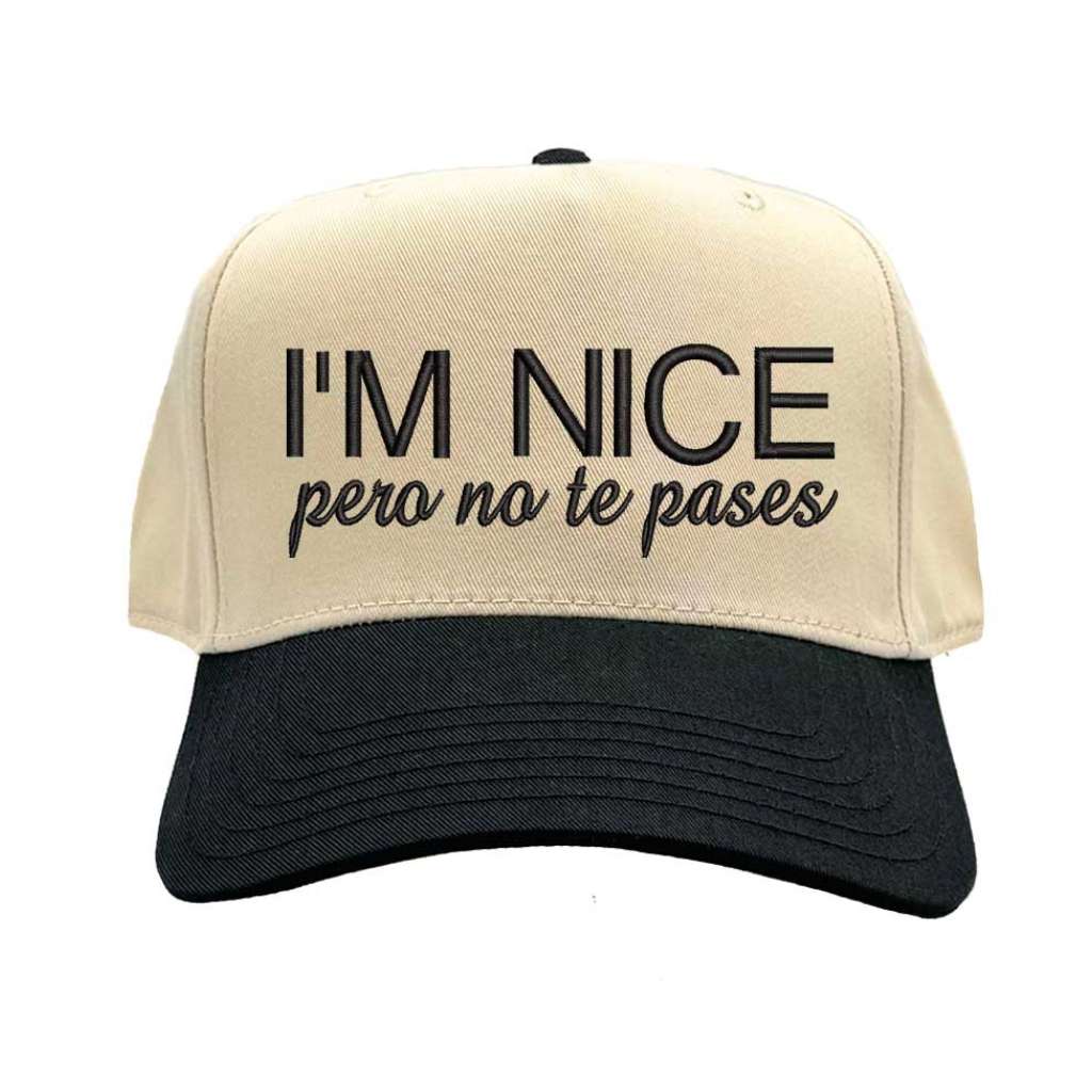 Beige and black cap with text &