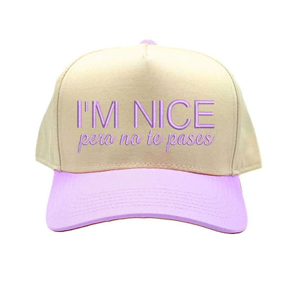 Beige and purple cap with text &