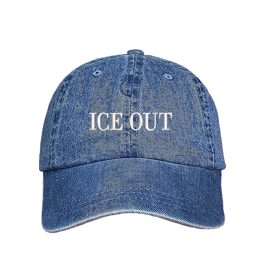 Light Denim Ice Out Old English Baseball Hat featuring white Gothic embroidery on a classic cap; inspired by Bad Bunny&