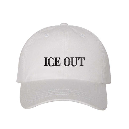 White Ice Out Old English Baseball Hat featuring white Gothic embroidery on a classic cap; inspired by Bad Bunny&