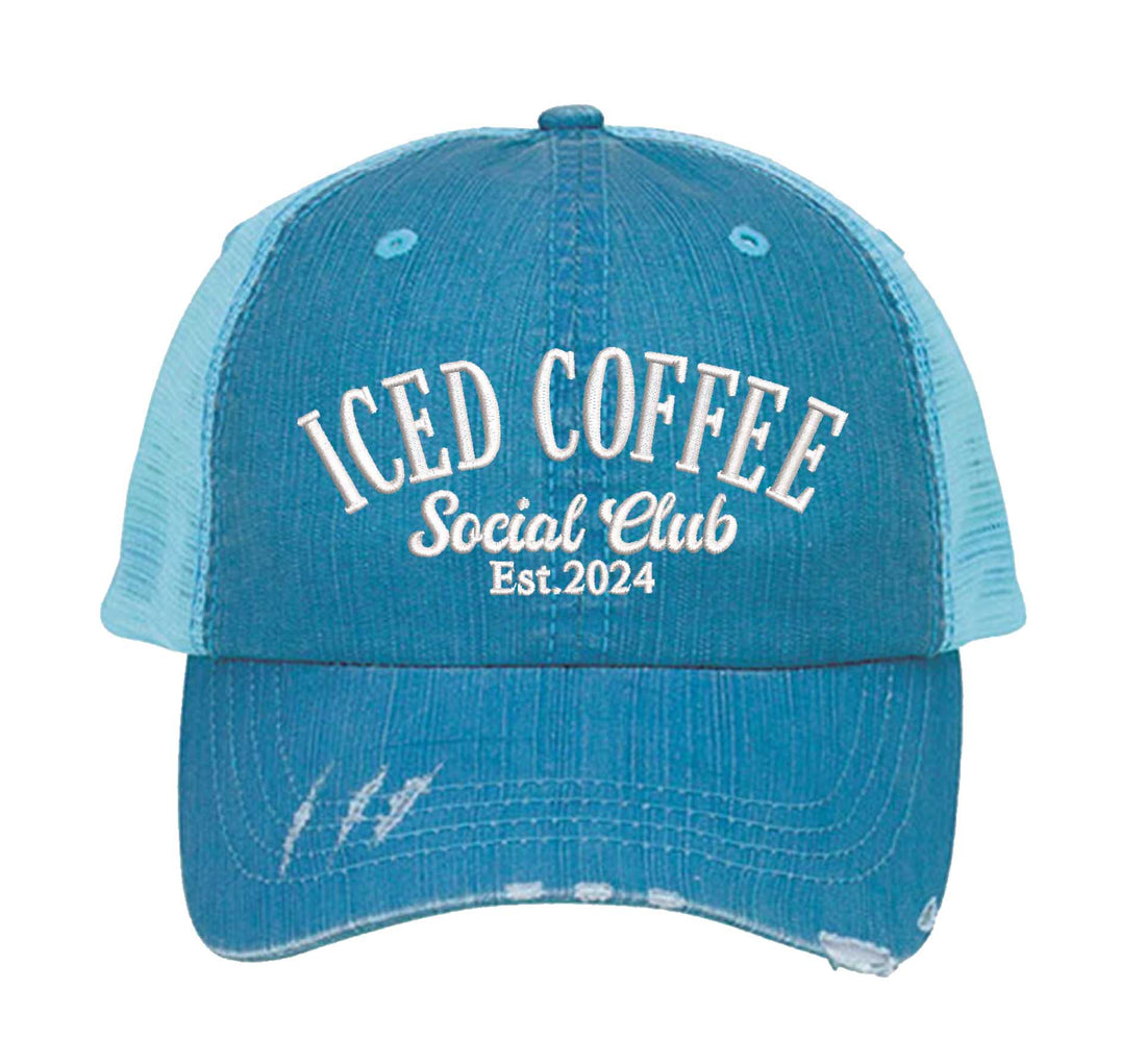 Aqua Iced Coffee Social Club Est. 2024 Distressed Trucker Hat. This premium vintage-style cap is the perfect gift for the unapologetically bold, featuring a breathable mesh back and custom embroidery. - DSY Lifestyle