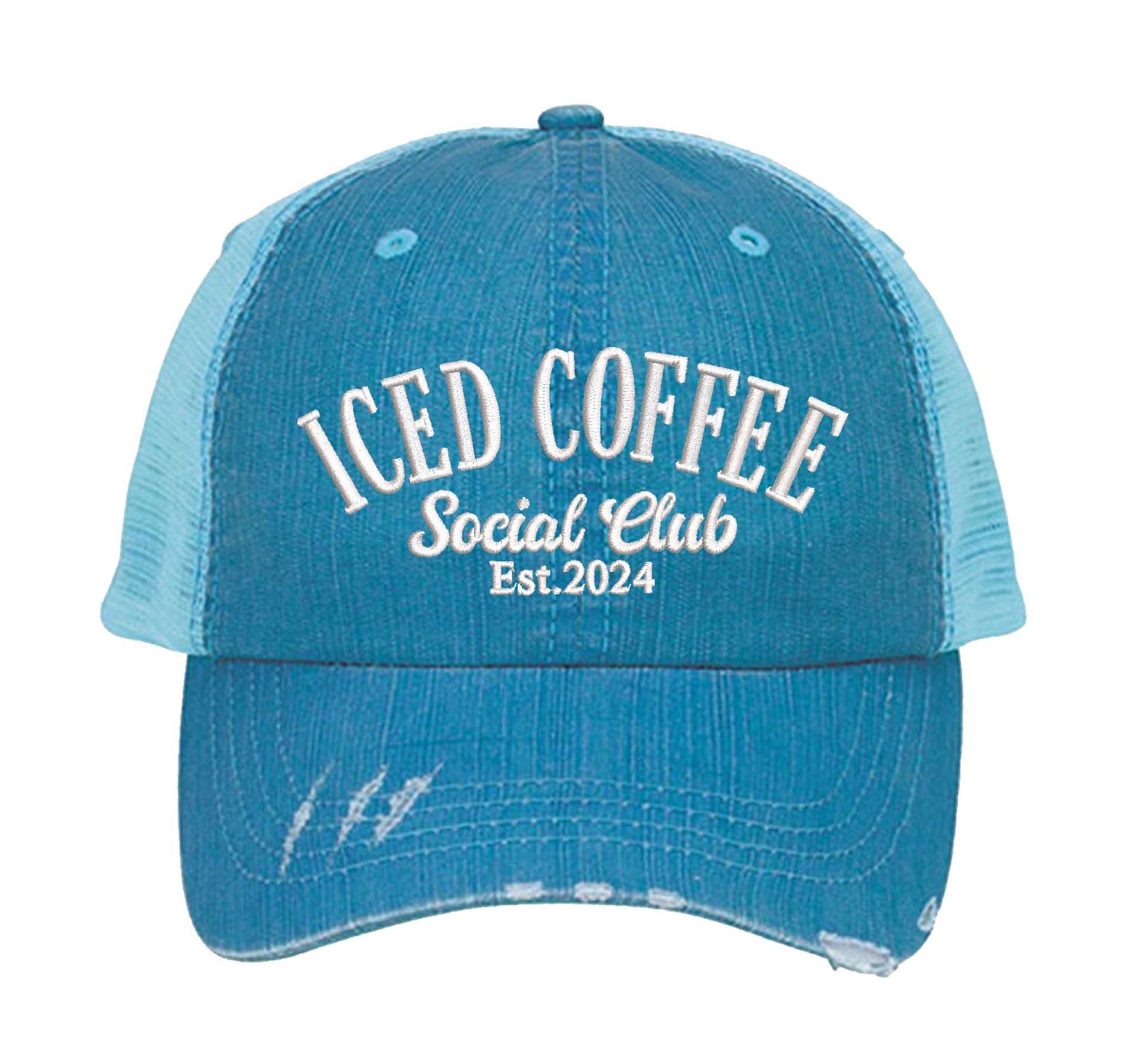 Aqua Iced Coffee Social Club Est. 2024 Distressed Trucker Hat. This premium vintage-style cap is the perfect gift for the unapologetically bold, featuring a breathable mesh back and custom embroidery. - DSY Lifestyle