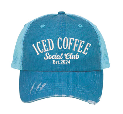 Aqua Iced Coffee Social Club Est. 2024 Distressed Trucker Hat. This premium vintage-style cap is the perfect gift for the unapologetically bold, featuring a breathable mesh back and custom embroidery. - DSY Lifestyle