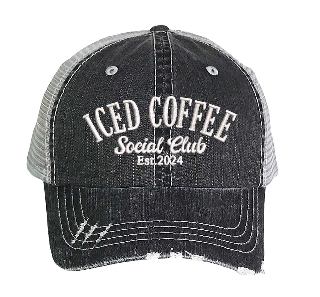 Black Iced Coffee Social Club Est. 2024 Distressed Trucker Hat. This premium vintage-style cap is the perfect gift for the unapologetically bold, featuring a breathable mesh back and custom embroidery. - DSY Lifestyle