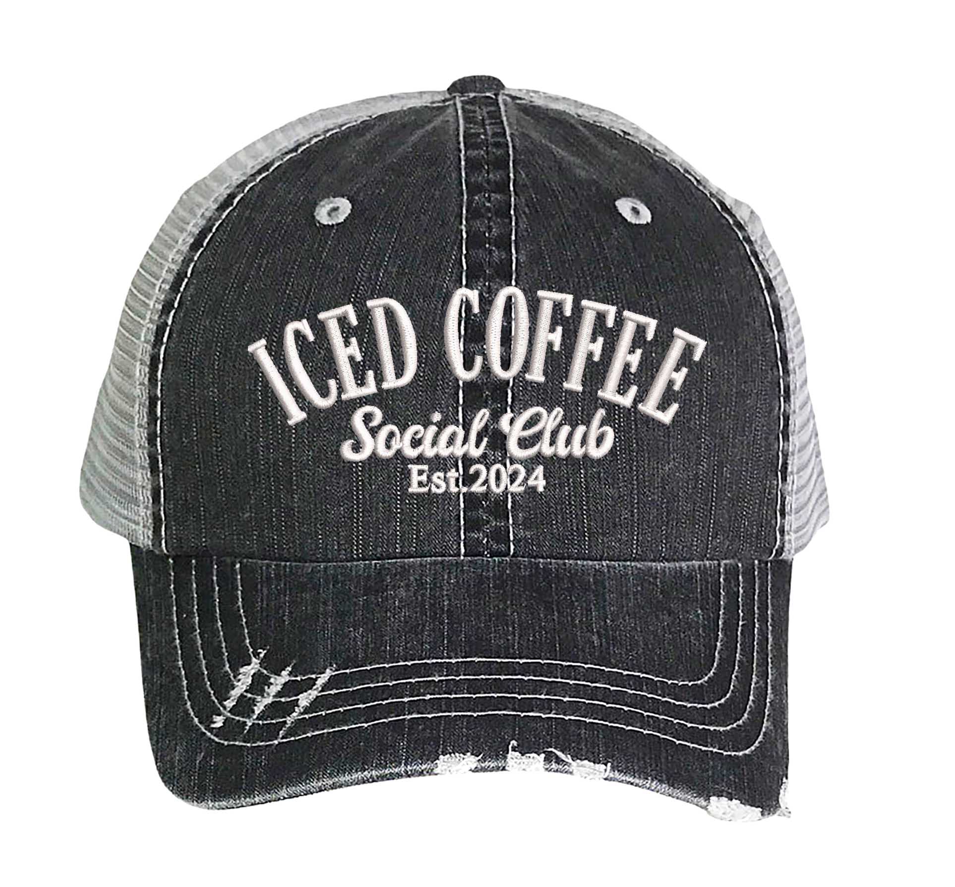 Black Iced Coffee Social Club Est. 2024 Distressed Trucker Hat. This premium vintage-style cap is the perfect gift for the unapologetically bold, featuring a breathable mesh back and custom embroidery. - DSY Lifestyle