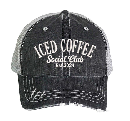 Black Iced Coffee Social Club Est. 2024 Distressed Trucker Hat. This premium vintage-style cap is the perfect gift for the unapologetically bold, featuring a breathable mesh back and custom embroidery. - DSY Lifestyle