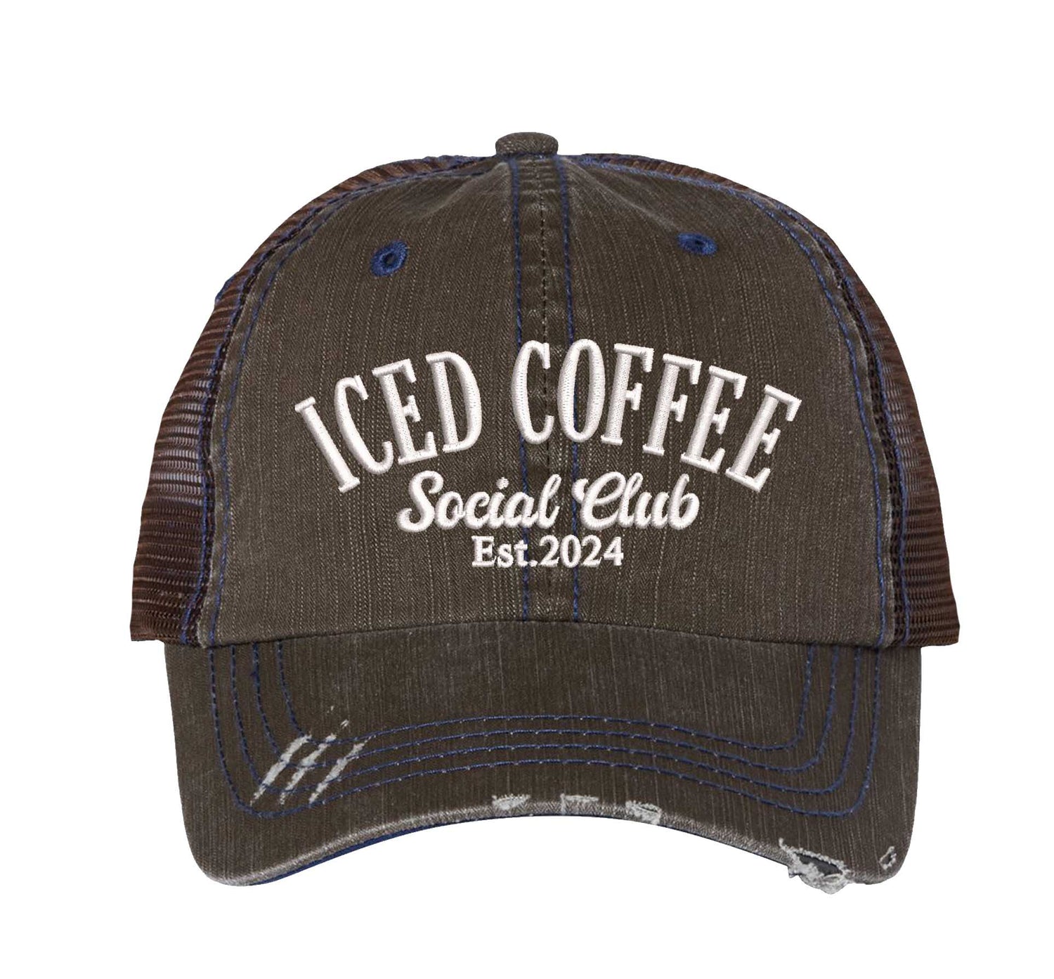 Chocolate Brown Iced Coffee Social Club Est. 2024 Distressed Trucker Hat. This premium vintage-style cap is the perfect gift for the unapologetically bold, featuring a breathable mesh back and custom embroidery. - DSY Lifestyle
