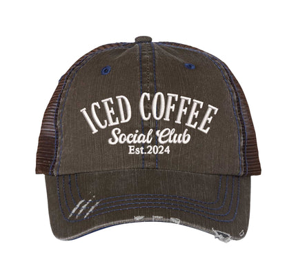 Chocolate Brown Iced Coffee Social Club Est. 2024 Distressed Trucker Hat. This premium vintage-style cap is the perfect gift for the unapologetically bold, featuring a breathable mesh back and custom embroidery. - DSY Lifestyle