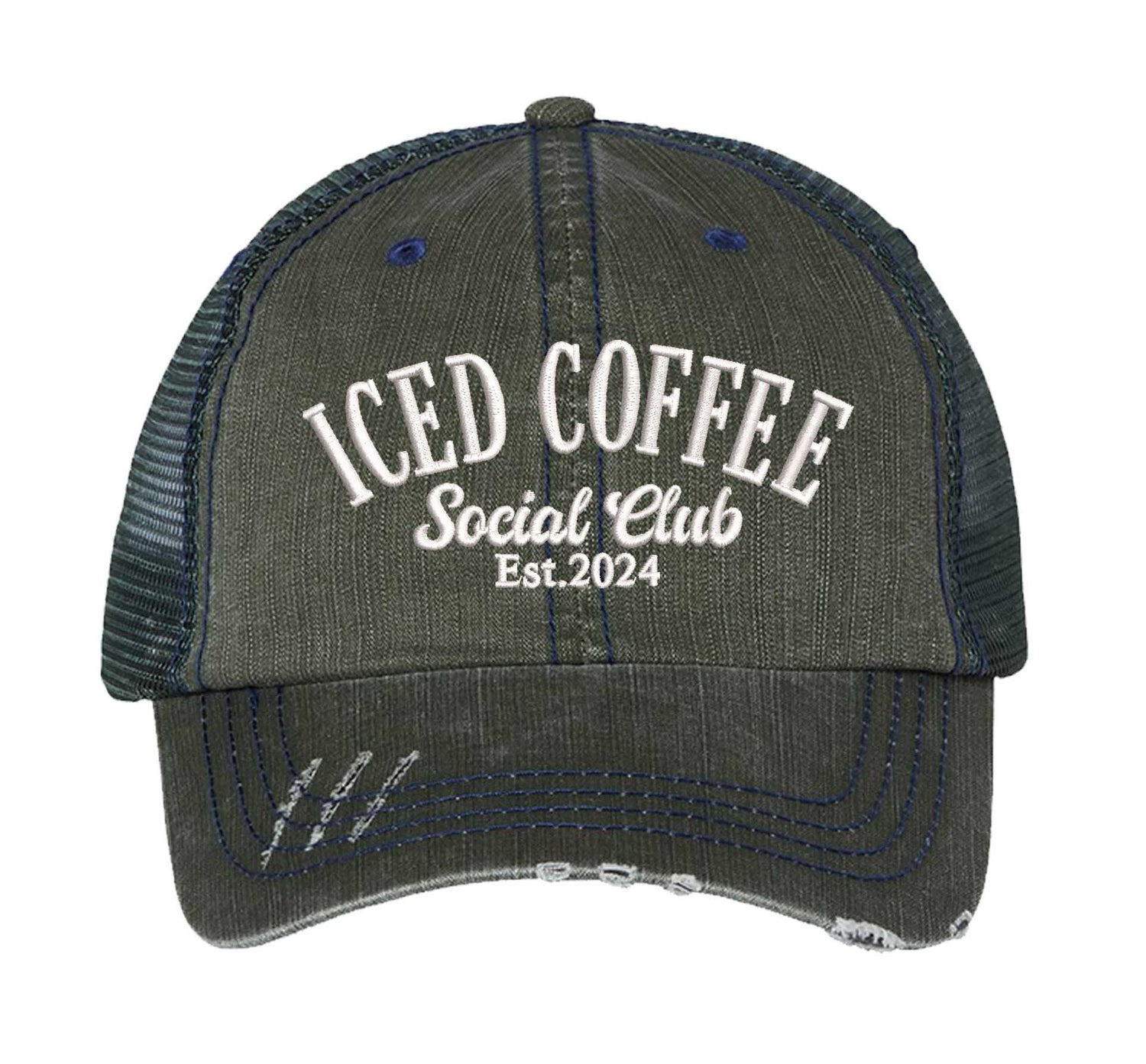 Dark Green Iced Coffee Social Club Est. 2024 Distressed Trucker Hat. This premium vintage-style cap is the perfect gift for the unapologetically bold, featuring a breathable mesh back and custom embroidery. - DSY Lifestyle