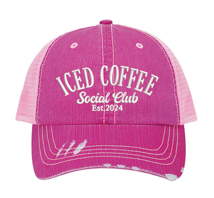 HOT Pink Iced Coffee Social Club Est. 2024 Distressed Trucker Hat. This premium vintage-style cap is the perfect gift for the unapologetically bold, featuring a breathable mesh back and custom embroidery. - DSY Lifestyle