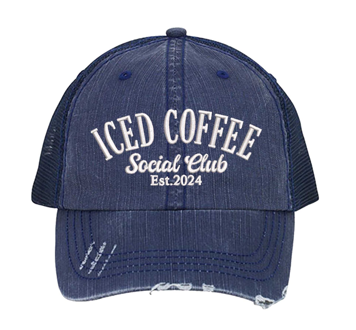 Navy Blue Iced Coffee Social Club Est. 2024 Distressed Trucker Hat. This premium vintage-style cap is the perfect gift for the unapologetically bold, featuring a breathable mesh back and custom embroidery. - DSY Lifestyle
