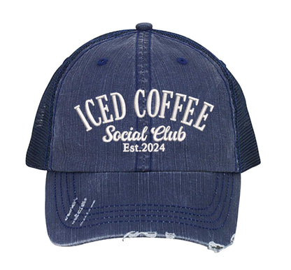 Navy Blue Iced Coffee Social Club Est. 2024 Distressed Trucker Hat. This premium vintage-style cap is the perfect gift for the unapologetically bold, featuring a breathable mesh back and custom embroidery. - DSY Lifestyle