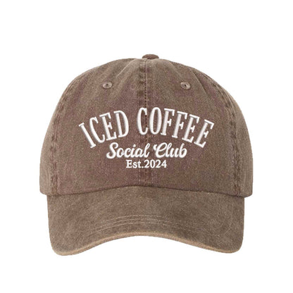 Chocolate Brown Iced Coffee Social Club Est. 2024 Washed Statement Baseball Hat – a washed, relaxed-fit statement cap designed for everyday comfort and real-life moods. Trendy, adjustable, and effortlessly stylish. - DSY Lifestyle