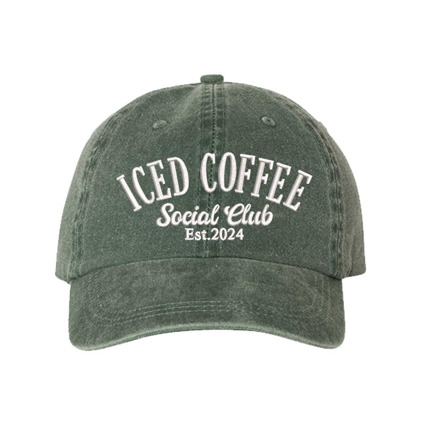 Dark Green Iced Coffee Social Club Est. 2024 Washed Statement Baseball Hat – a washed, relaxed-fit statement cap designed for everyday comfort and real-life moods. Trendy, adjustable, and effortlessly stylish. - DSY Lifestyle