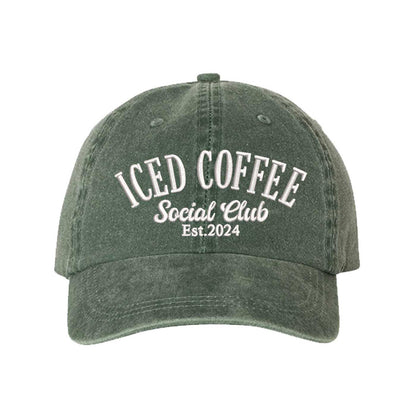 Dark Green Iced Coffee Social Club Est. 2024 Washed Statement Baseball Hat – a washed, relaxed-fit statement cap designed for everyday comfort and real-life moods. Trendy, adjustable, and effortlessly stylish. - DSY Lifestyle