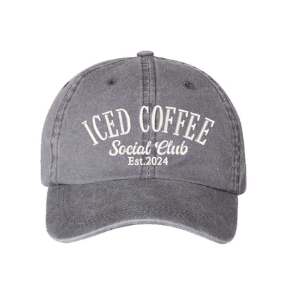 Gray Iced Coffee Social Club Est. 2024 Washed Statement Baseball Hat – a washed, relaxed-fit statement cap designed for everyday comfort and real-life moods. Trendy, adjustable, and effortlessly stylish. - DSY Lifestyle