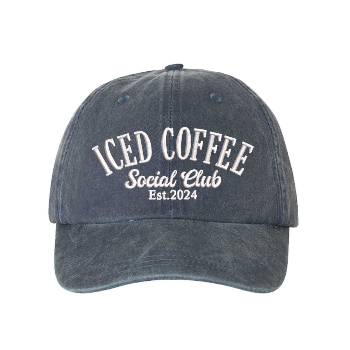 Navy Blue Iced Coffee Social Club Est. 2024 Washed Statement Baseball Hat – a washed, relaxed-fit statement cap designed for everyday comfort and real-life moods. Trendy, adjustable, and effortlessly stylish. - DSY Lifestyle