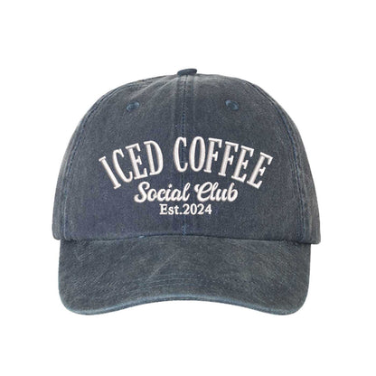 Navy Blue Iced Coffee Social Club Est. 2024 Washed Statement Baseball Hat – a washed, relaxed-fit statement cap designed for everyday comfort and real-life moods. Trendy, adjustable, and effortlessly stylish. - DSY Lifestyle