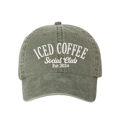 Olive Green Iced Coffee Social Club Est. 2024 Washed Statement Baseball Hat – a washed, relaxed-fit statement cap designed for everyday comfort and real-life moods. Trendy, adjustable, and effortlessly stylish. - DSY Lifestyle