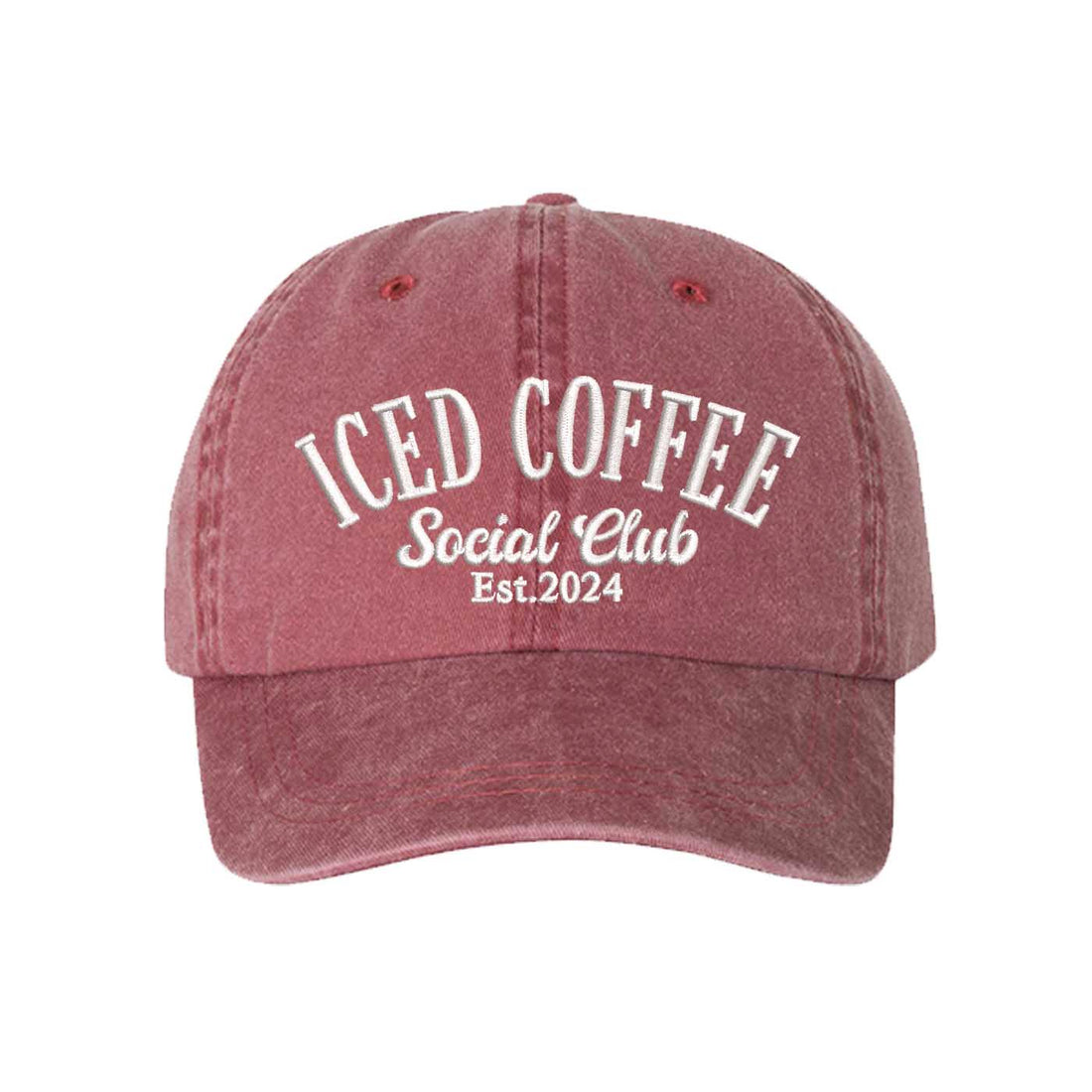 Wine Iced Coffee Social Club Est. 2024 Washed Statement Baseball Hat – a washed, relaxed-fit statement cap designed for everyday comfort and real-life moods. Trendy, adjustable, and effortlessly stylish. - DSY Lifestyle